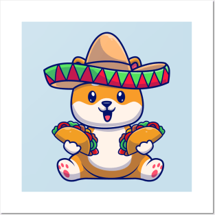 Cute Shiba Inu Dog Eating Tacos With Sombreno Hat Cartoon Posters and Art